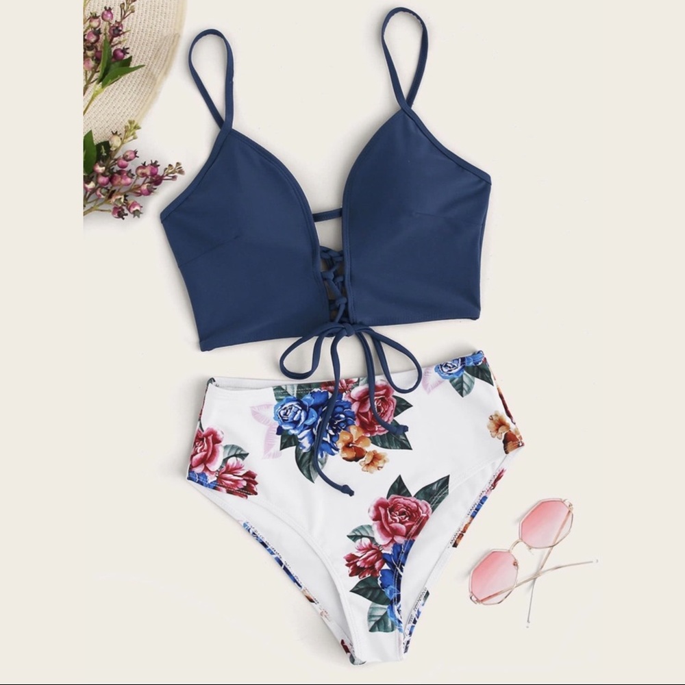 Floral Tie Front High Waisted Bikini Swimsuit